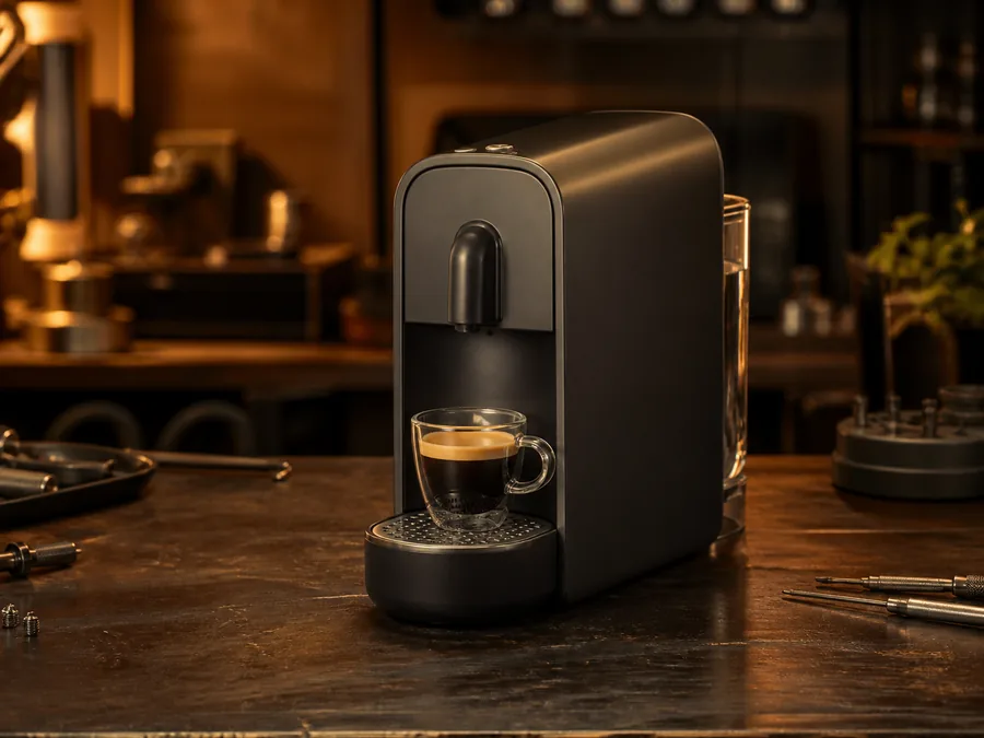 Иллюстрация кофемашины типа Nespresso Essenza Mini в сервисной мастерской