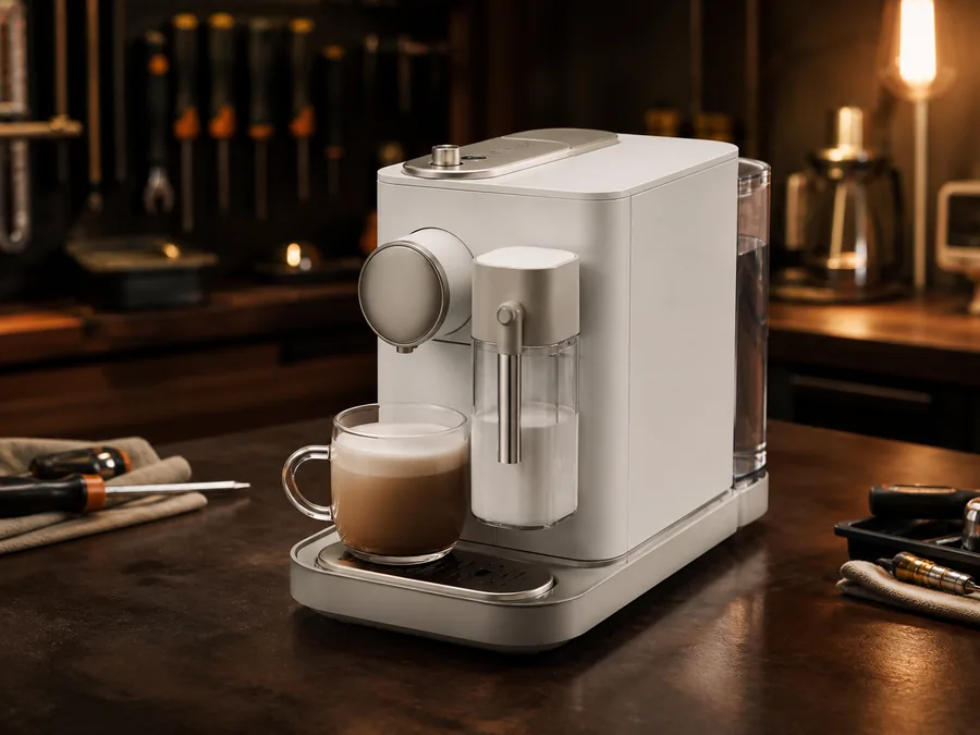 Иллюстрация кофемашины типа Nespresso Lattissima One в сервисной мастерской