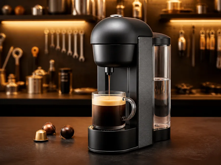 Иллюстрация кофемашины типа Nespresso Vertuo Plus в сервисной мастерской