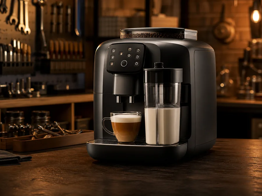 Иллюстрация кофемашины типа Philips LatteGo в сервисной мастерской
