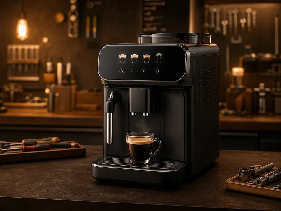 Иллюстрация кофемашины типа Philips Series 3200 в сервисной мастерской